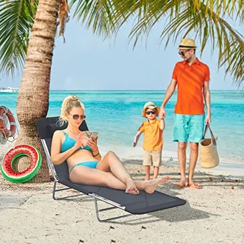 Outsunny Folding Chaise Lounge Pool Chairs, Outdoor Sun Tanning Chairs with Pillow, Reclining Back, Steel Frame & Breathable Mesh for Beach, Yard, Patio, Black
