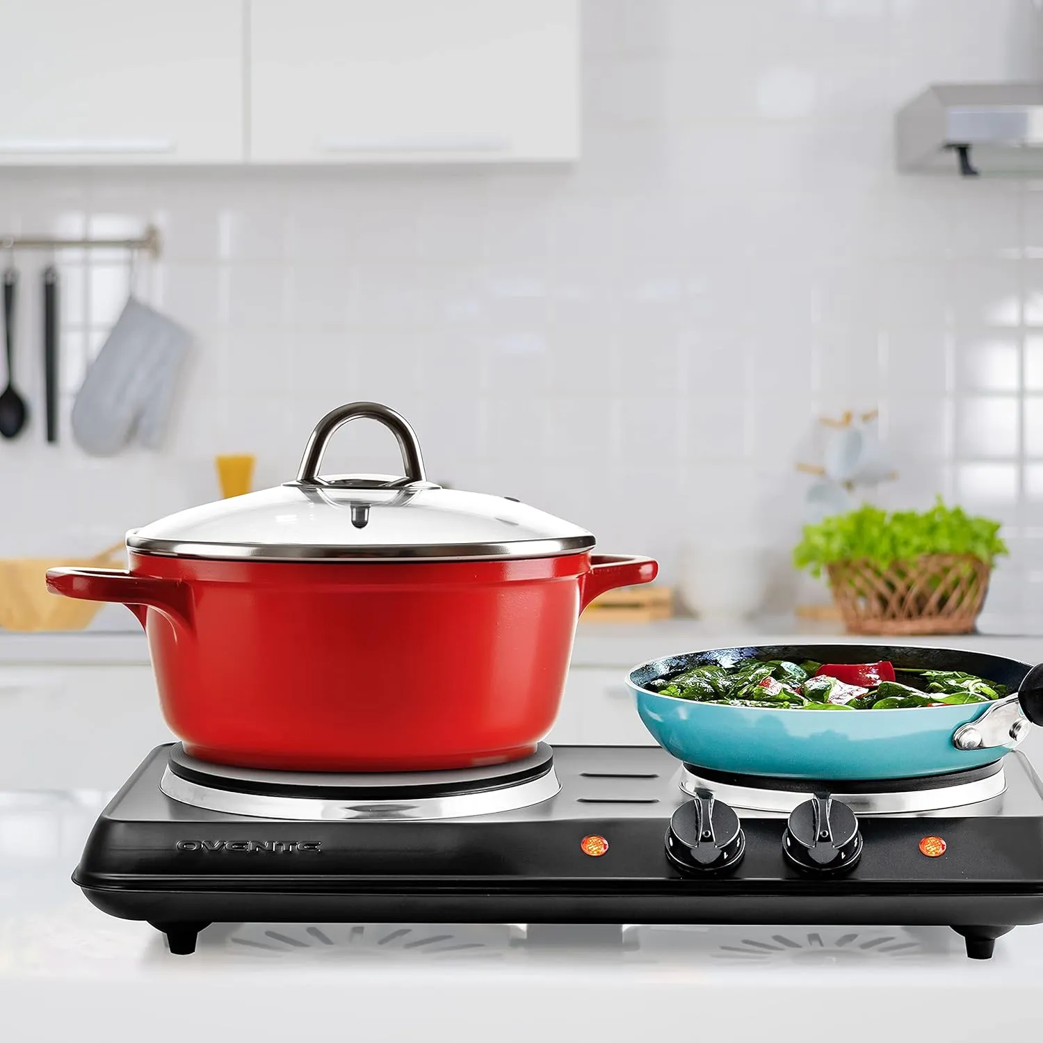 OVENTE Electric Countertop Double Burner, 1700W Cooktop with 7.25" and 6.10" Cast Iron Hot Plates, Temperature Control, Portable Cooking Stove and Easy to Clean Stainless Steel Base, Black BGS102B