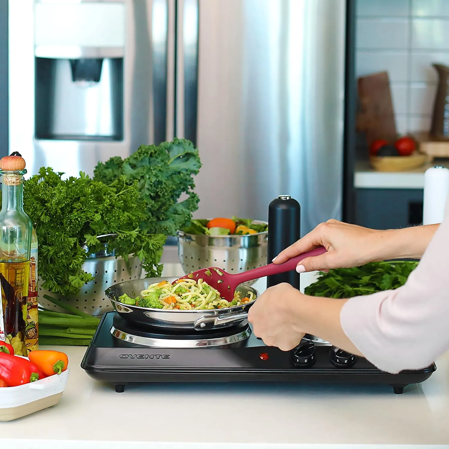 OVENTE Electric Countertop Double Burner, 1700W Cooktop with 7.25" and 6.10" Cast Iron Hot Plates, Temperature Control, Portable Cooking Stove and Easy to Clean Stainless Steel Base, Black BGS102B