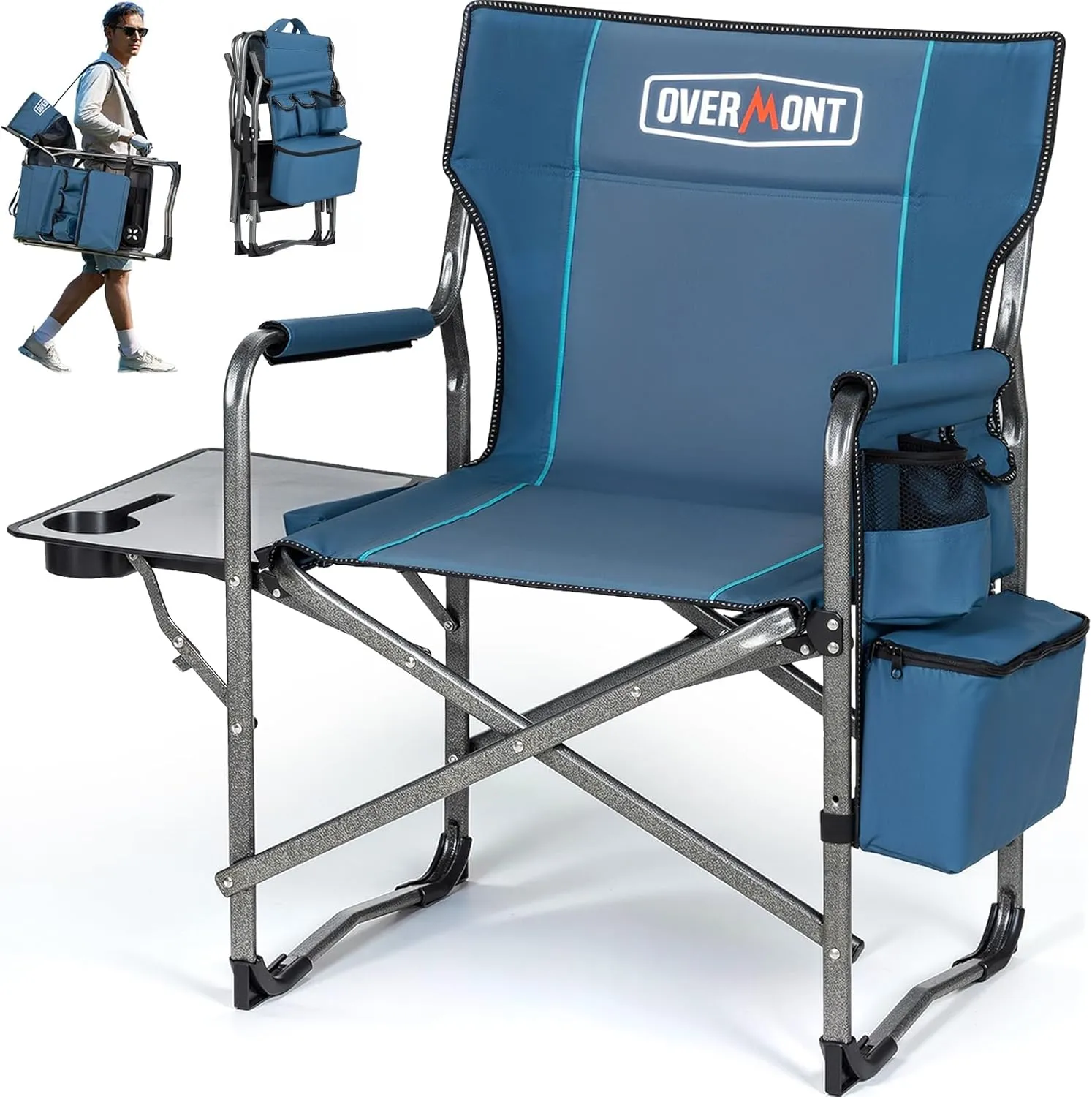 Overmont Oversized Lightweight Camping Chair - Comfortable Heavy Duty Foldable Directors Chairs with Side Table & Cooler Bag for Outside Camp Beach Picnic Lawn and Fishing Supports 400lbs