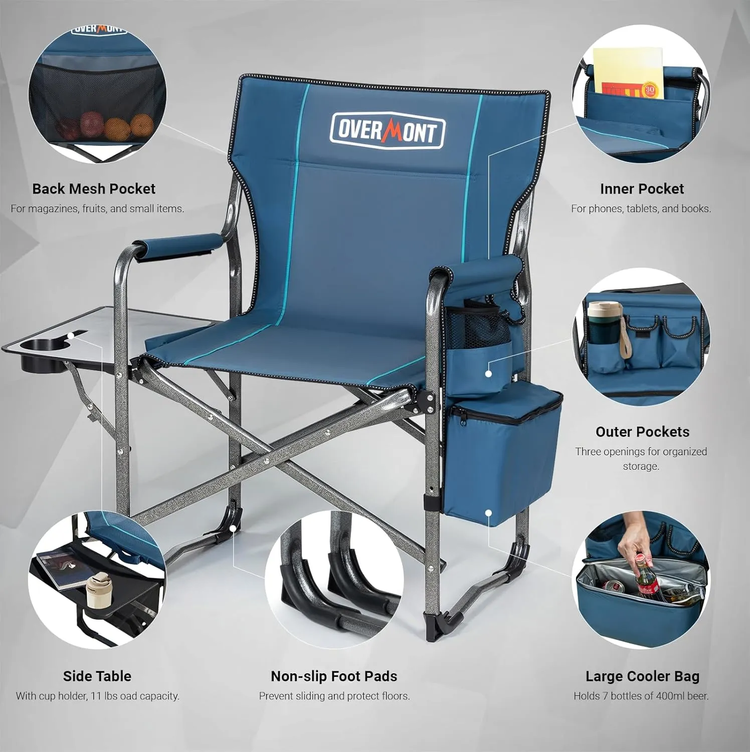 Overmont Oversized Lightweight Camping Chair - Comfortable Heavy Duty Foldable Directors Chairs with Side Table & Cooler Bag for Outside Camp Beach Picnic Lawn and Fishing Supports 400lbs