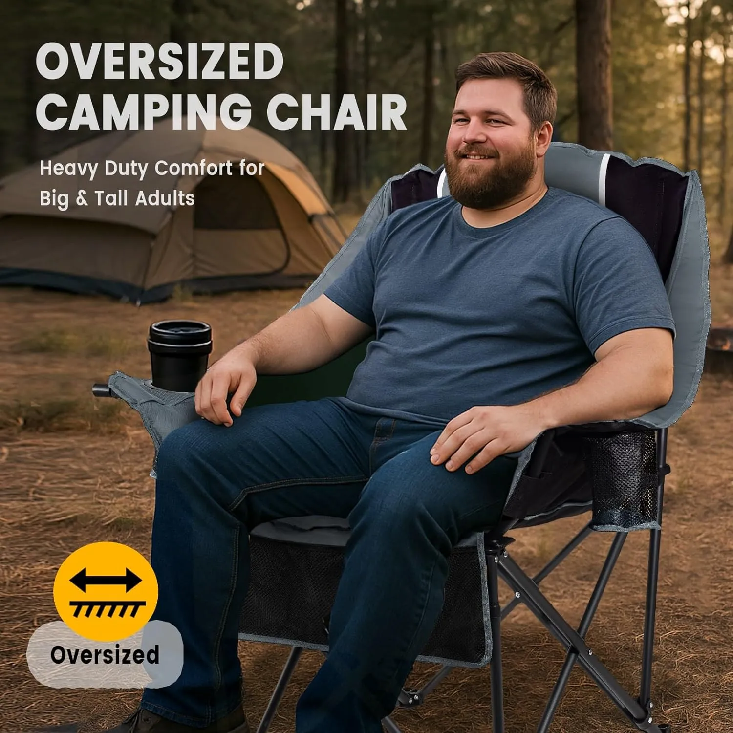 Oversized Camping Chair for Large Adults Heavy Duty 400 lbs Capacity, Comfortable Padded Folding Lawn Chair with Back & Headrest Support and Cup Holder, Portable Outdoor Chair with Carry Bag