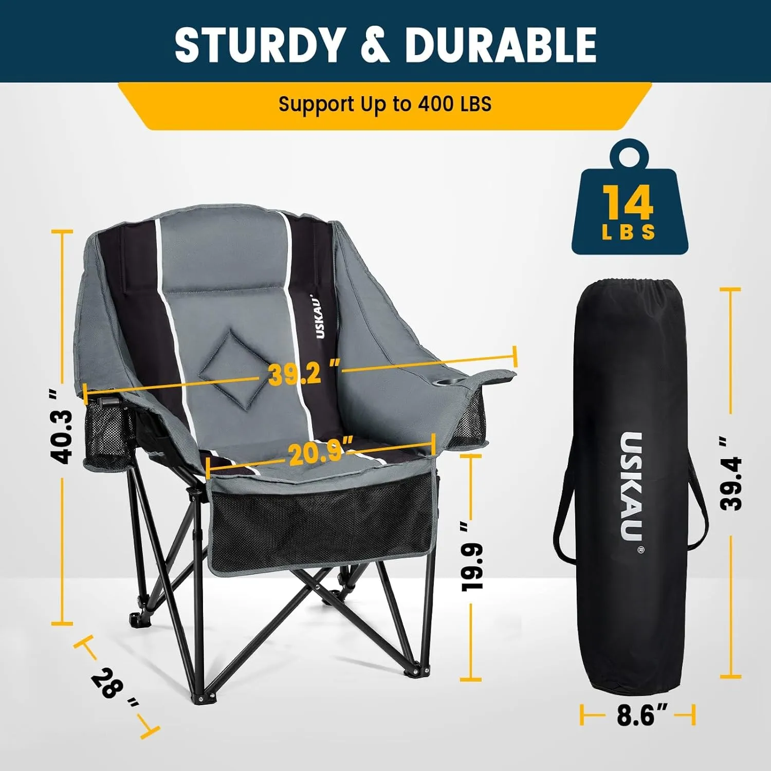Oversized Camping Chair for Large Adults Heavy Duty 400 lbs Capacity, Comfortable Padded Folding Lawn Chair with Back & Headrest Support and Cup Holder, Portable Outdoor Chair with Carry Bag