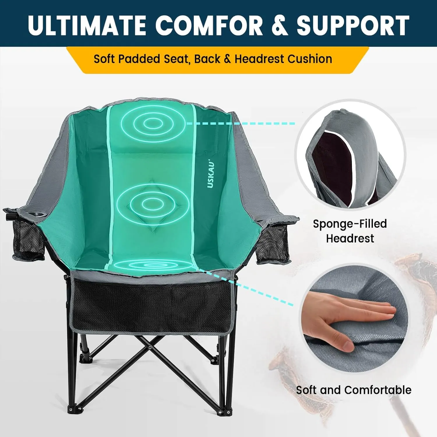 Oversized Camping Chair for Large Adults Heavy Duty 400 lbs Capacity, Comfortable Padded Folding Lawn Chair with Back & Headrest Support and Cup Holder, Portable Outdoor Chair with Carry Bag
