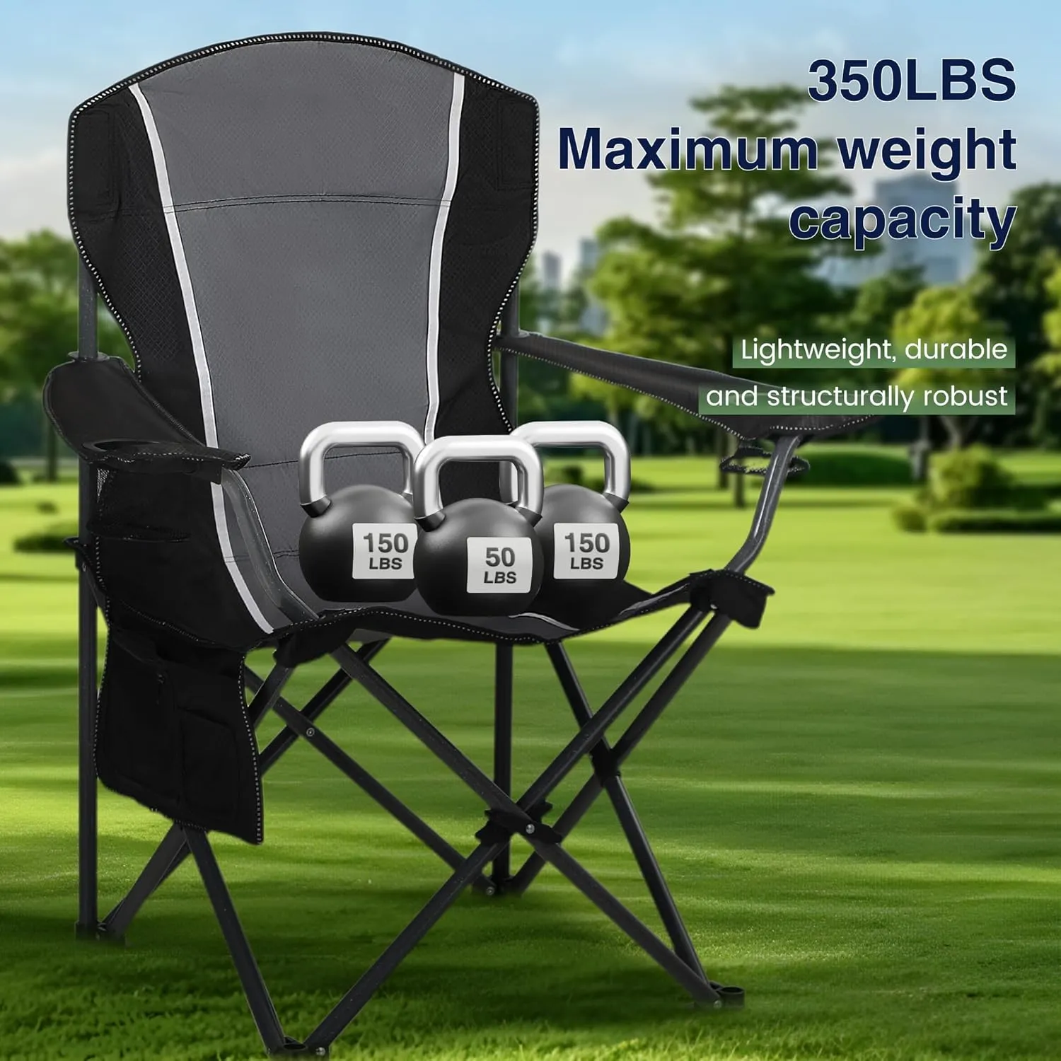 Oversized Camping Folding Chair, Heavy Duty Outdoor Chair with Armrest, Portable Lawn Chair with Cup Holder for Adults Support 350 LBS, 2 Pack, Gray-Black