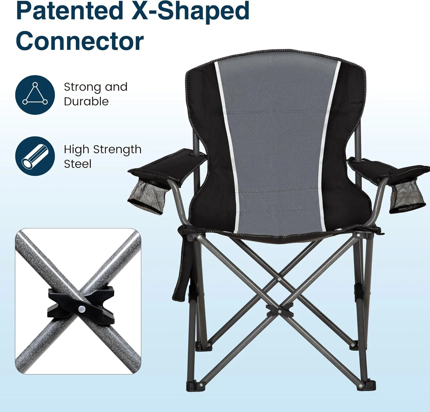 Oversized Camping Folding Chair, Heavy Duty Outdoor Chair with Armrest, Portable Lawn Chair with Cup Holder for Adults Support 350 LBS, 2 Pack, Gray-Black