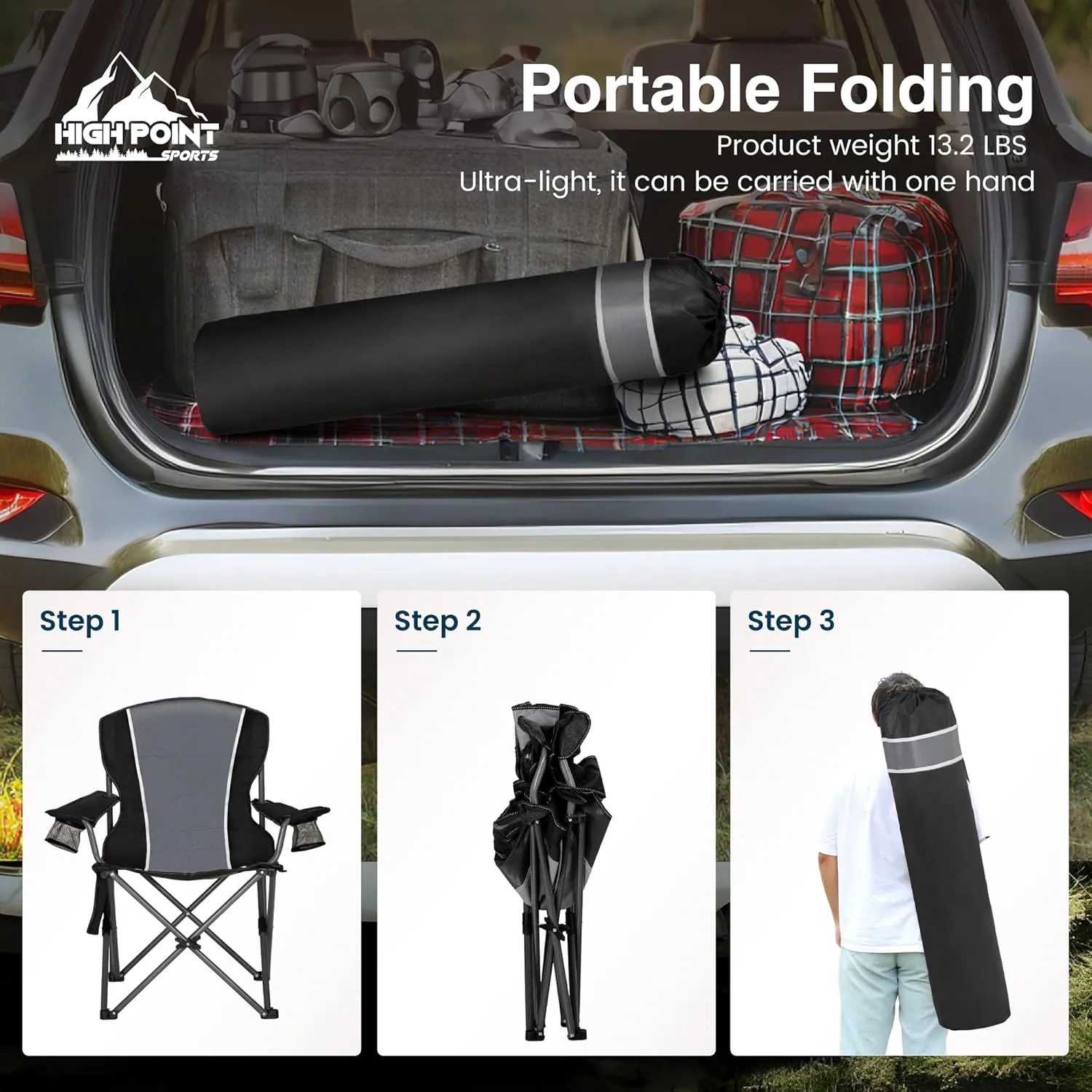 Oversized Camping Folding Chair, Heavy Duty Outdoor Chair with Armrest, Portable Lawn Chair with Cup Holder for Adults Support 350 LBS, 2 Pack, Gray-Black