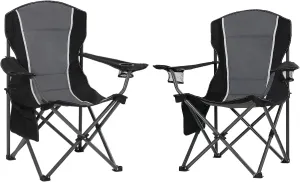 Oversized Camping Folding Chair, Heavy Duty Outdoor Chair with Armrest, Portable Lawn Chair with Cup Holder for Adults Support 350 LBS, 2 Pack, Gray-Black