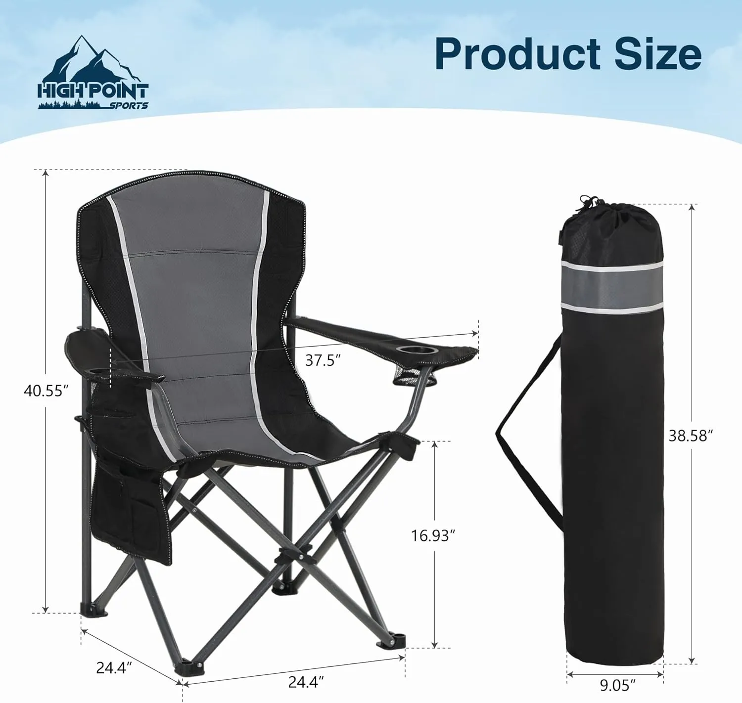 Oversized Camping Folding Chair, Heavy Duty Outdoor Chair with Armrest, Portable Lawn Chair with Cup Holder for Adults Support 350 LBS, 2 Pack, Gray-Black