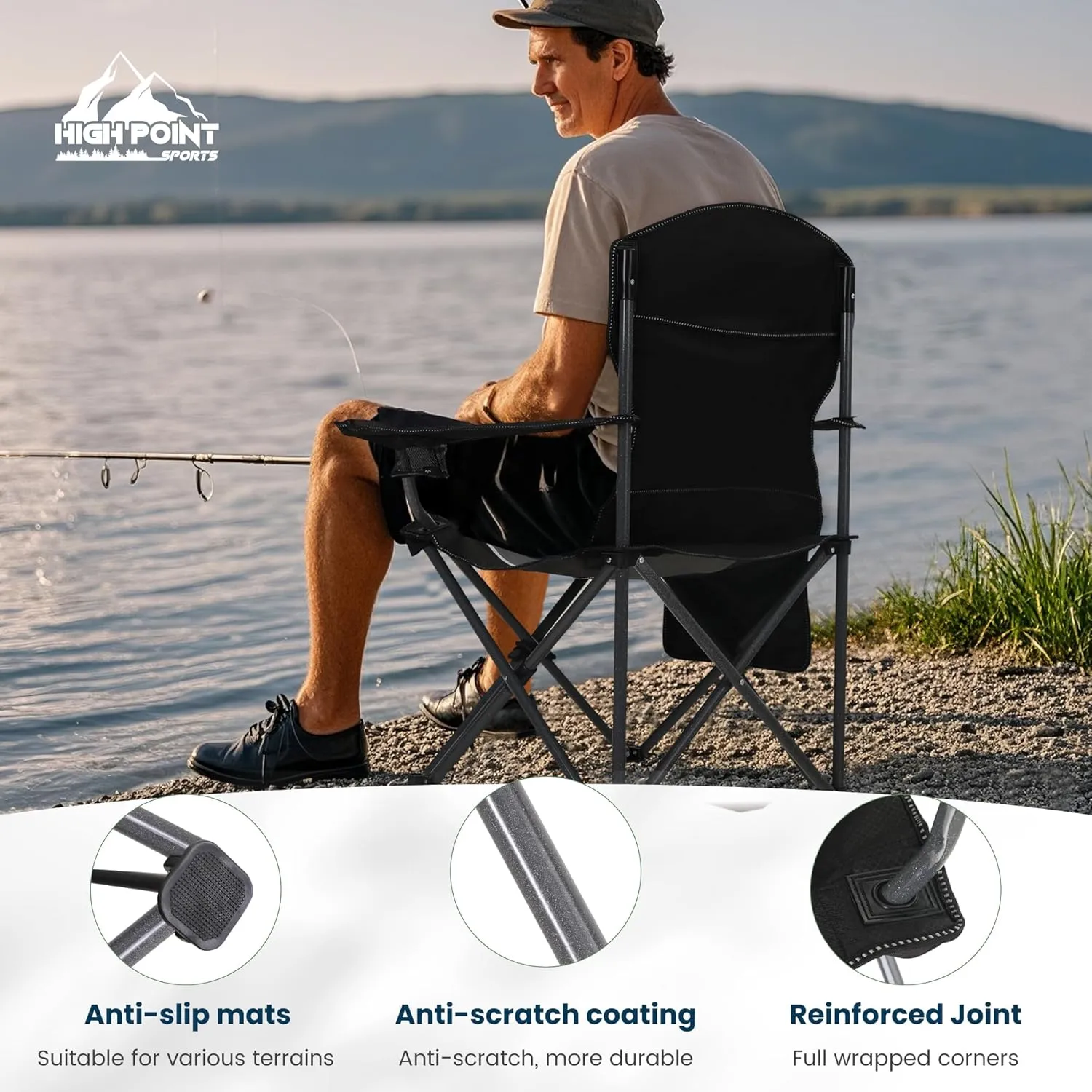 Oversized Camping Folding Chair, Heavy Duty Outdoor Chair with Armrest, Portable Lawn Chair with Cup Holder for Adults Support 350 LBS, 2 Pack, Gray-Black