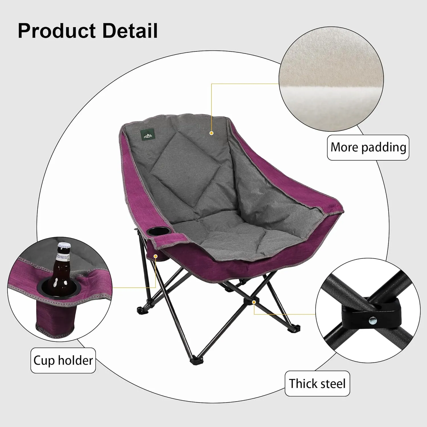 Oversized Foldable Camping Chair, Outdoor Padded Lawn Chair w/Cup Holder,Carry Bag for Beach, Hiking, and Picnics,Heavy-Duty 300-lbs Capacity, Purple