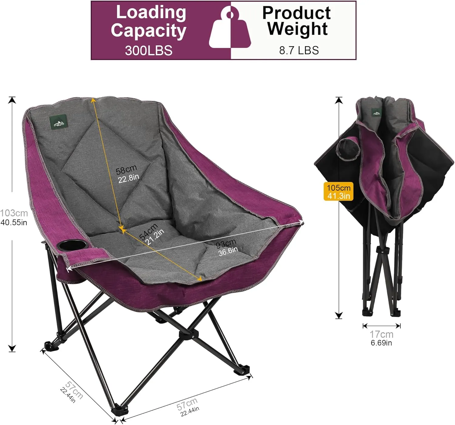 Oversized Foldable Camping Chair, Outdoor Padded Lawn Chair w/Cup Holder,Carry Bag for Beach, Hiking, and Picnics,Heavy-Duty 300-lbs Capacity, Purple