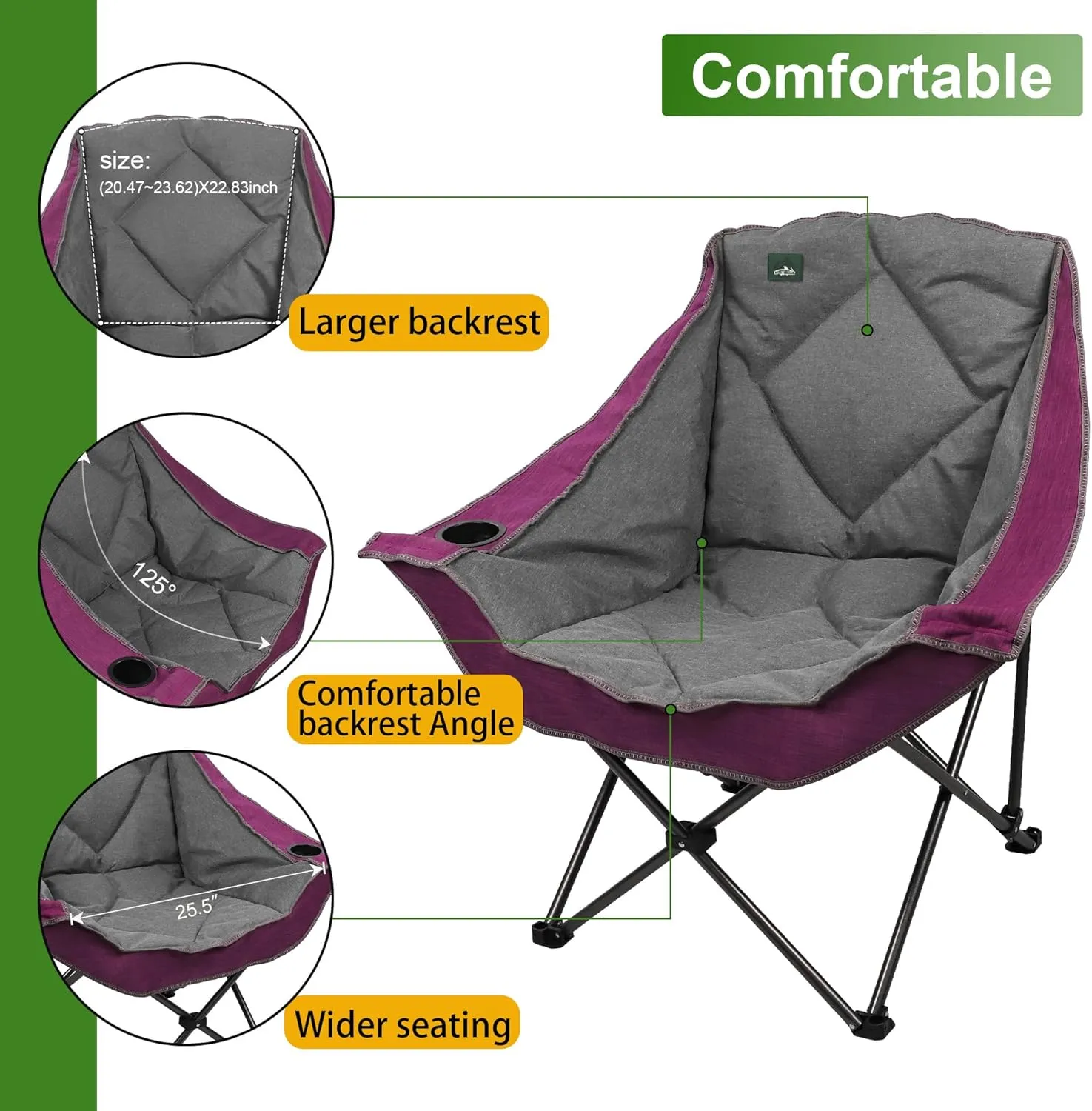 Oversized Foldable Camping Chair, Outdoor Padded Lawn Chair w/Cup Holder,Carry Bag for Beach, Hiking, and Picnics,Heavy-Duty 300-lbs Capacity, Purple