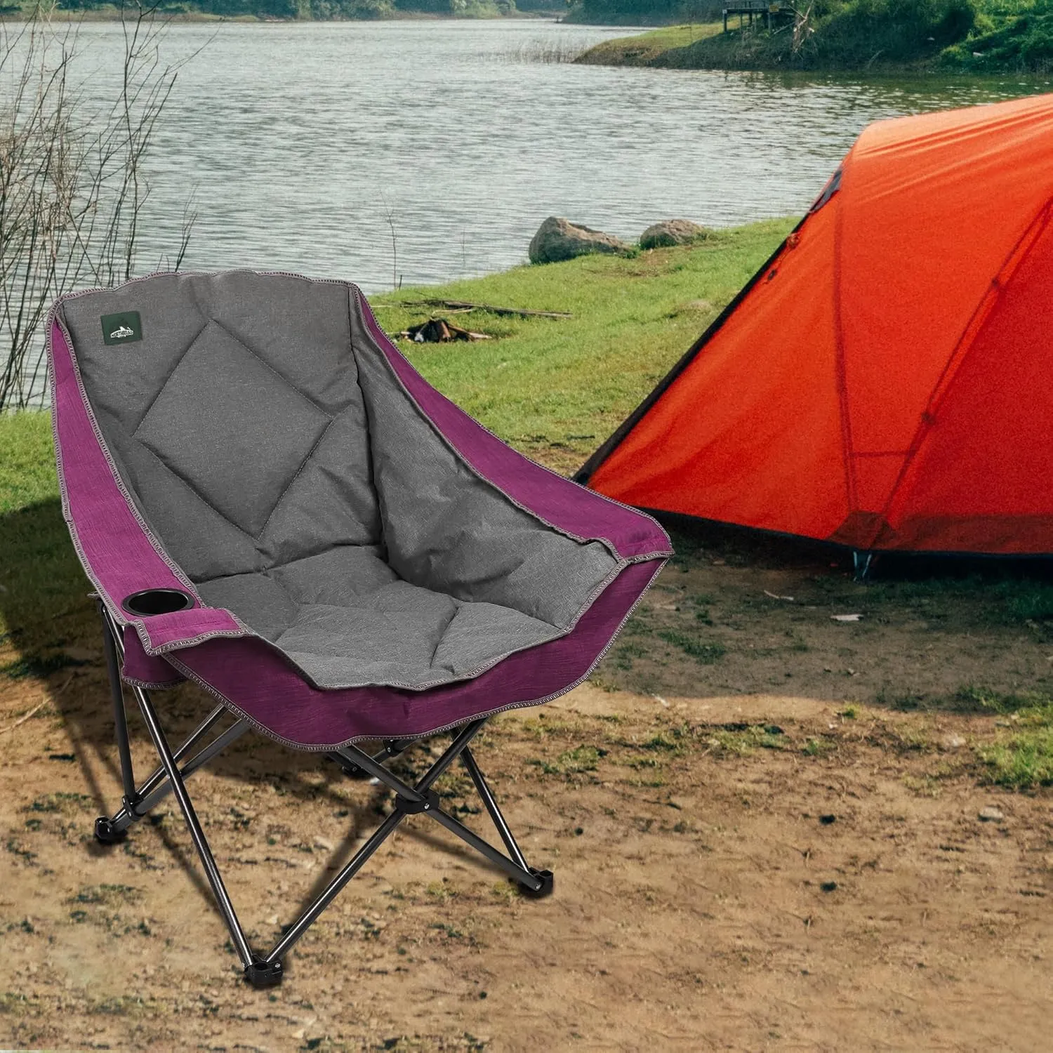 Oversized Foldable Camping Chair, Outdoor Padded Lawn Chair w/Cup Holder,Carry Bag for Beach, Hiking, and Picnics,Heavy-Duty 300-lbs Capacity, Purple