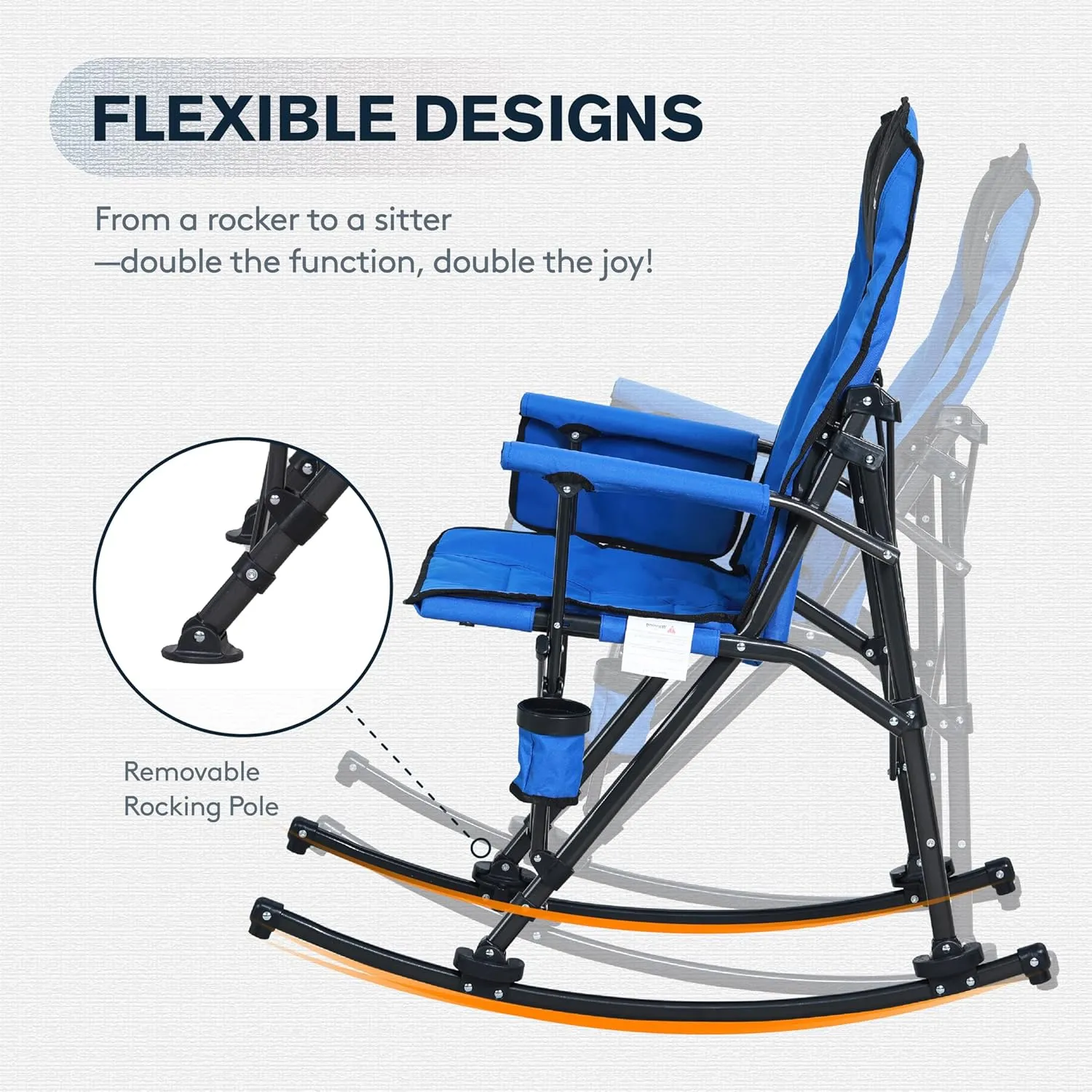 Oversized Folding Rocking Camping Chair for Adults, Adjustable Padded Backrest Rocker Chair with Hard Armrests, Portable Outdoor Chairs for Patio, Lawn and Garden(Supports 350lbs), Blue