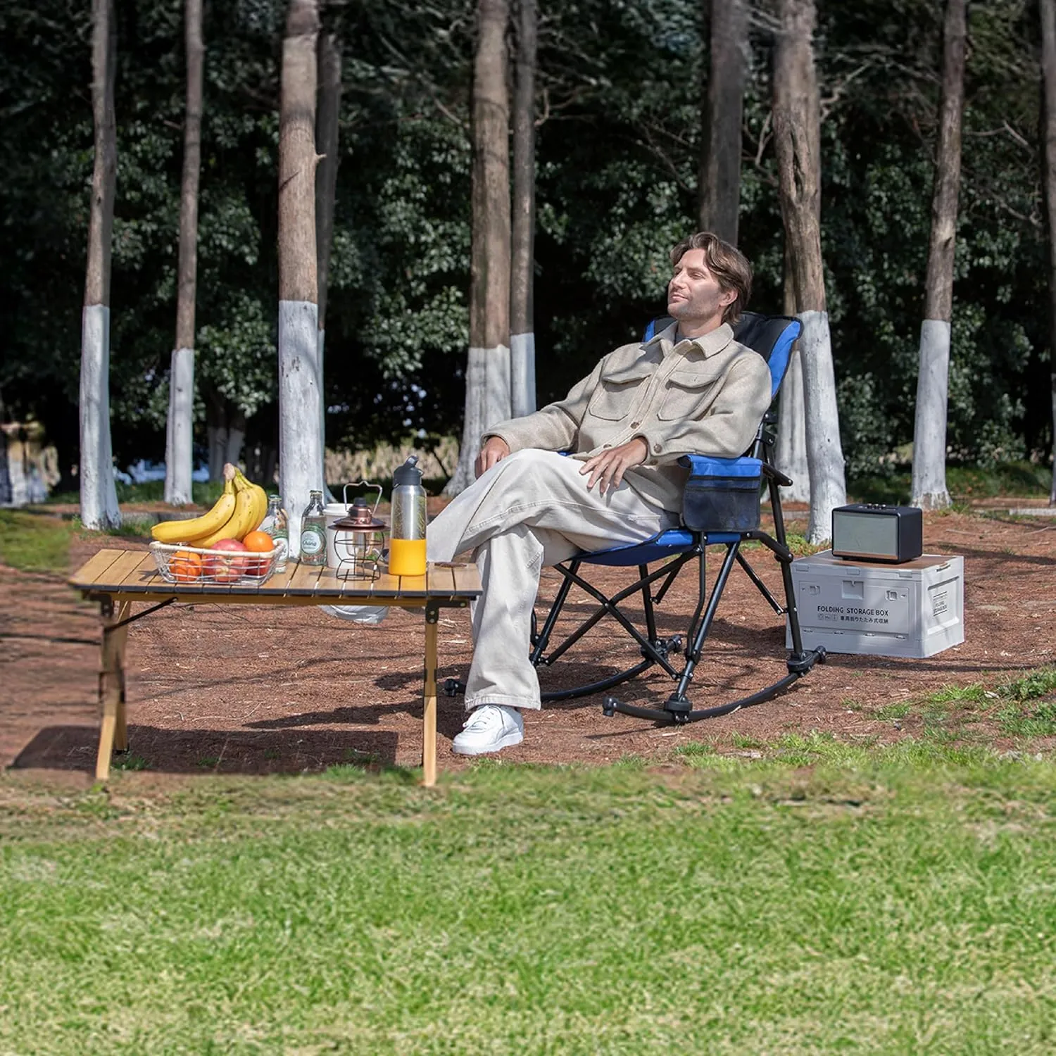 Oversized Folding Rocking Camping Chair for Adults, Adjustable Padded Backrest Rocker Chair with Hard Armrests, Portable Outdoor Chairs for Patio, Lawn and Garden(Supports 350lbs), Blue