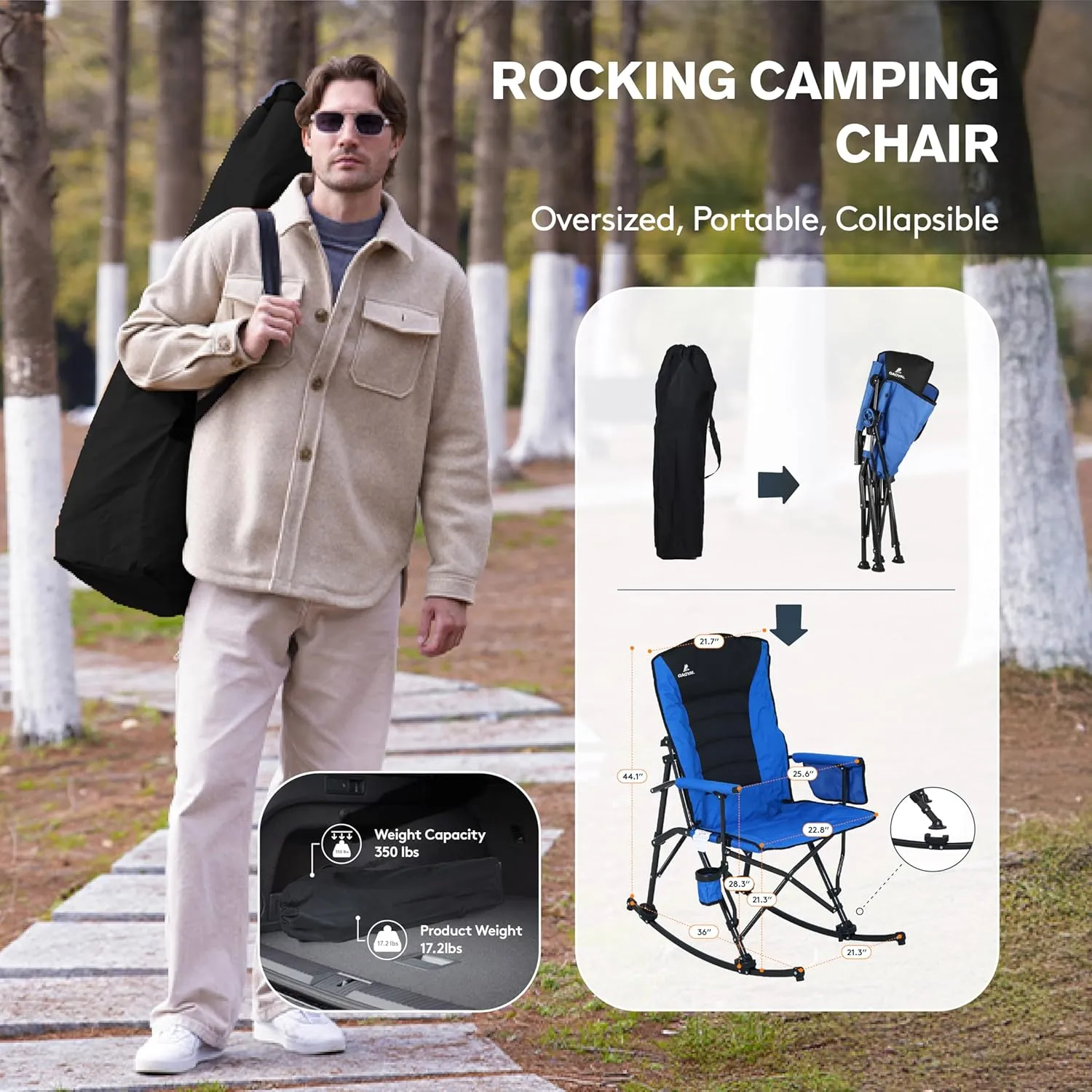 Oversized Folding Rocking Camping Chair for Adults, Adjustable Padded Backrest Rocker Chair with Hard Armrests, Portable Outdoor Chairs for Patio, Lawn and Garden(Supports 350lbs), Blue