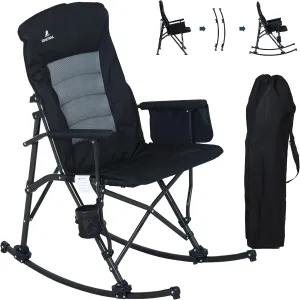 Oversized Folding Rocking Camping Chair for Adults, Adjustable Padded Backrest Rocker with Hard Armrests, Portable Outdoor Chair for Patio, Lawn and Garden(Supports 350lbs), Black