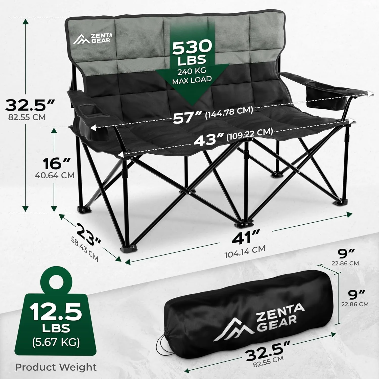 Oversized Fully Padded Double Camping Chair, Portable Folding Loveseat w/Side & Back Pockets, Adjustable Armrests, Double-Sized Cup Holders for Outdoor, Indoor, Supports 530LBS (Black)