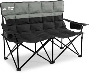 Oversized Fully Padded Double Camping Chair, Portable Folding Loveseat w/Side & Back Pockets, Adjustable Armrests, Double-Sized Cup Holders for Outdoor, Indoor, Supports 530LBS (Black)