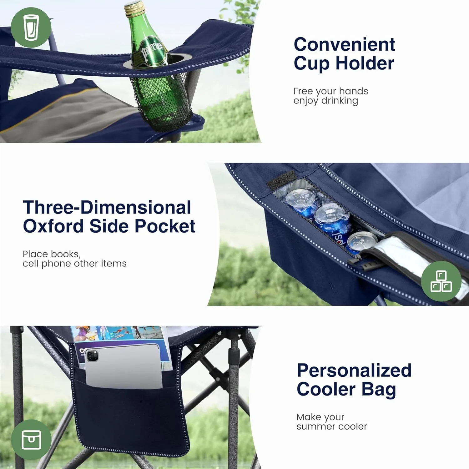 Oversized Portable Folding Camping Chair, Blue, 450 LBS Support, Sports Lawn Chair with Cup Holder and Cooler Bag