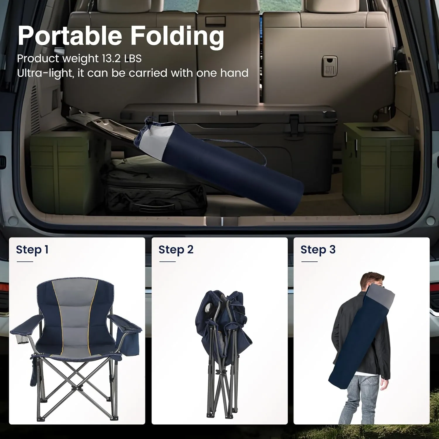 Oversized Portable Folding Camping Chair, Blue, 450 LBS Support, Sports Lawn Chair with Cup Holder and Cooler Bag