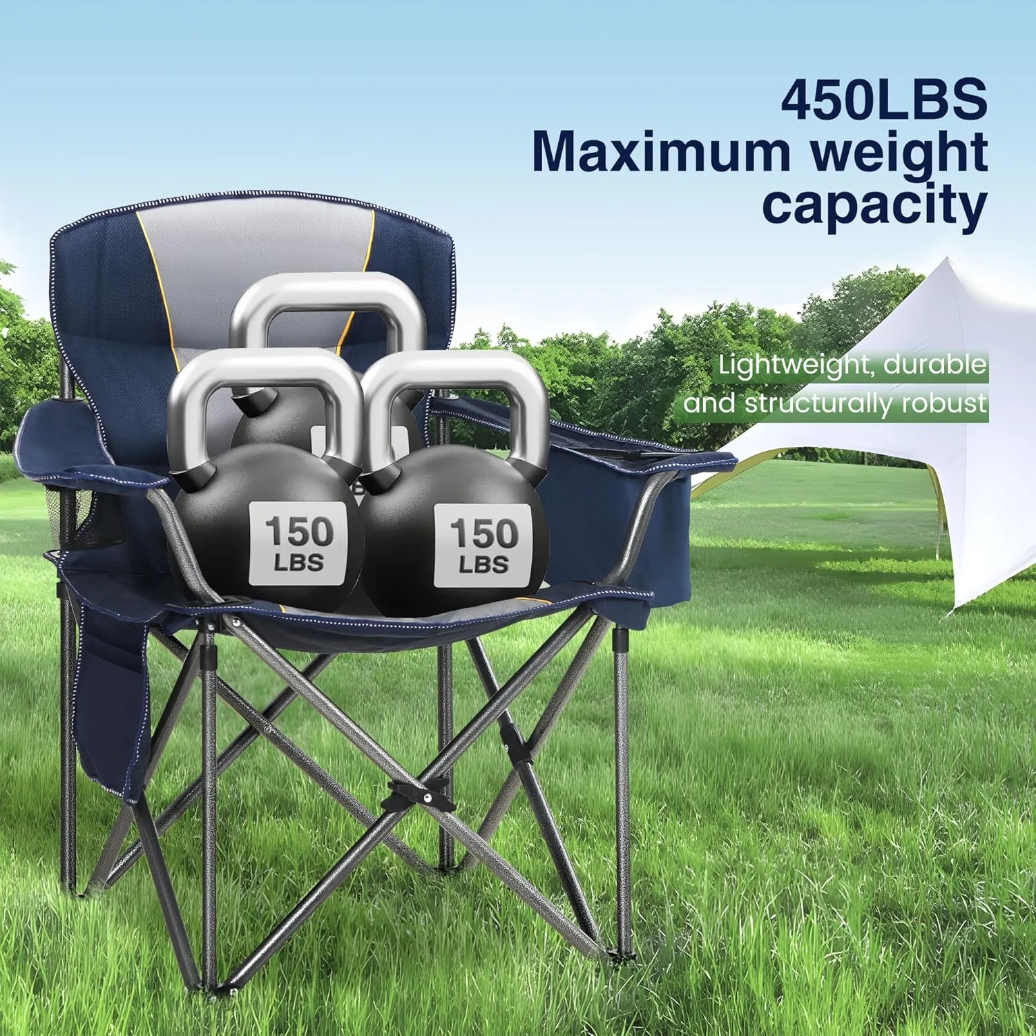 Oversized Portable Folding Camping Chair, Blue, 450 LBS Support, Sports Lawn Chair with Cup Holder and Cooler Bag