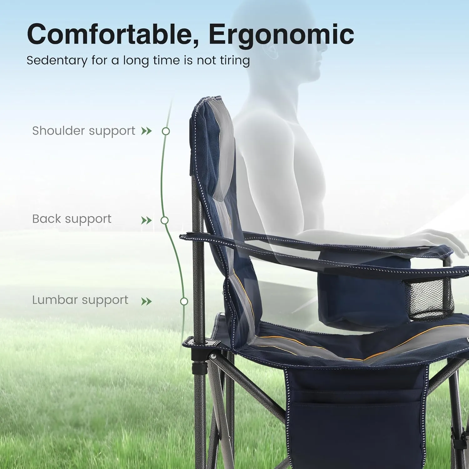 Oversized Portable Folding Camping Chair, Blue, 450 LBS Support, Sports Lawn Chair with Cup Holder and Cooler Bag