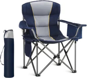 Oversized Portable Folding Camping Chair, Blue, 450 LBS Support, Sports Lawn Chair with Cup Holder and Cooler Bag