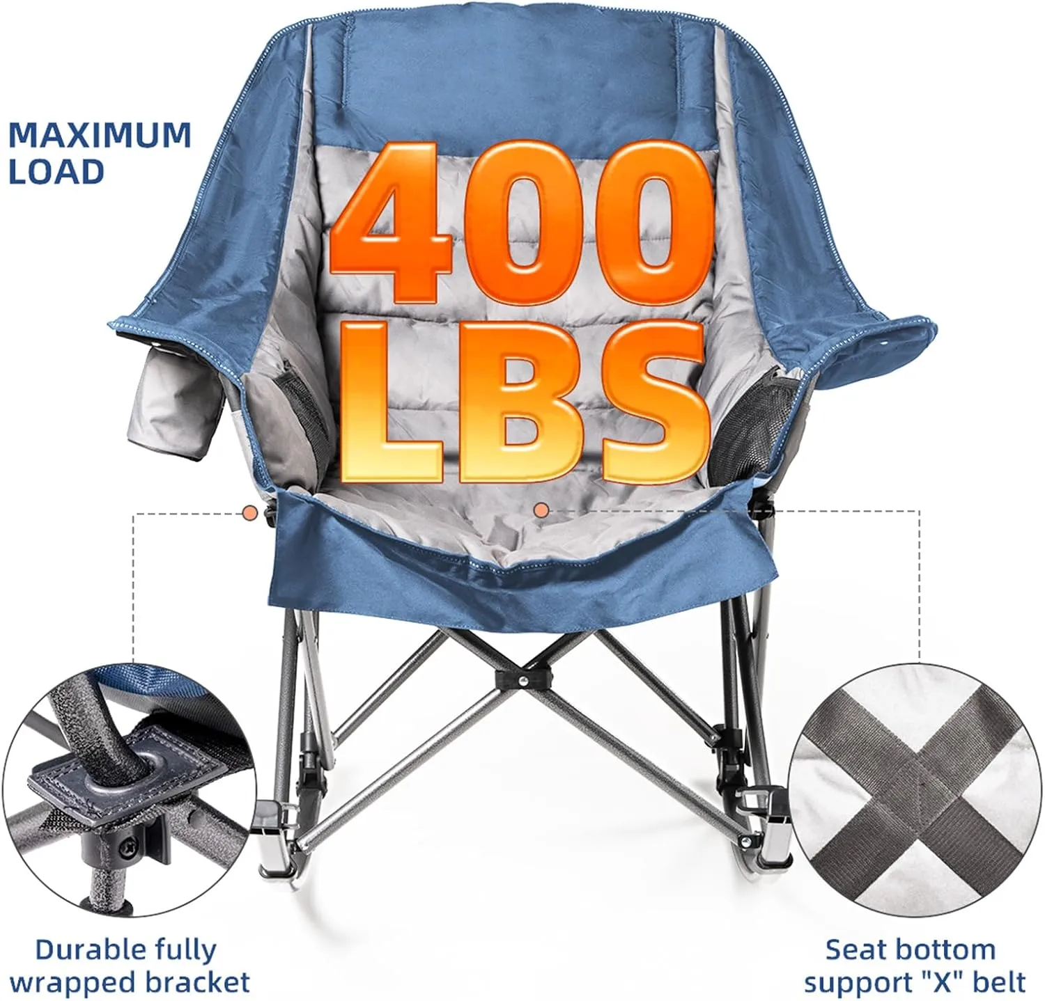Oversized Rocking Camping Chair for Adults - Heavy-Duty 400lbs Capacity Portable Folding Camp Chair with Side Pocket, Fully Padded Outdoor Rocking Chair for Camping (Light Blue & Gray)