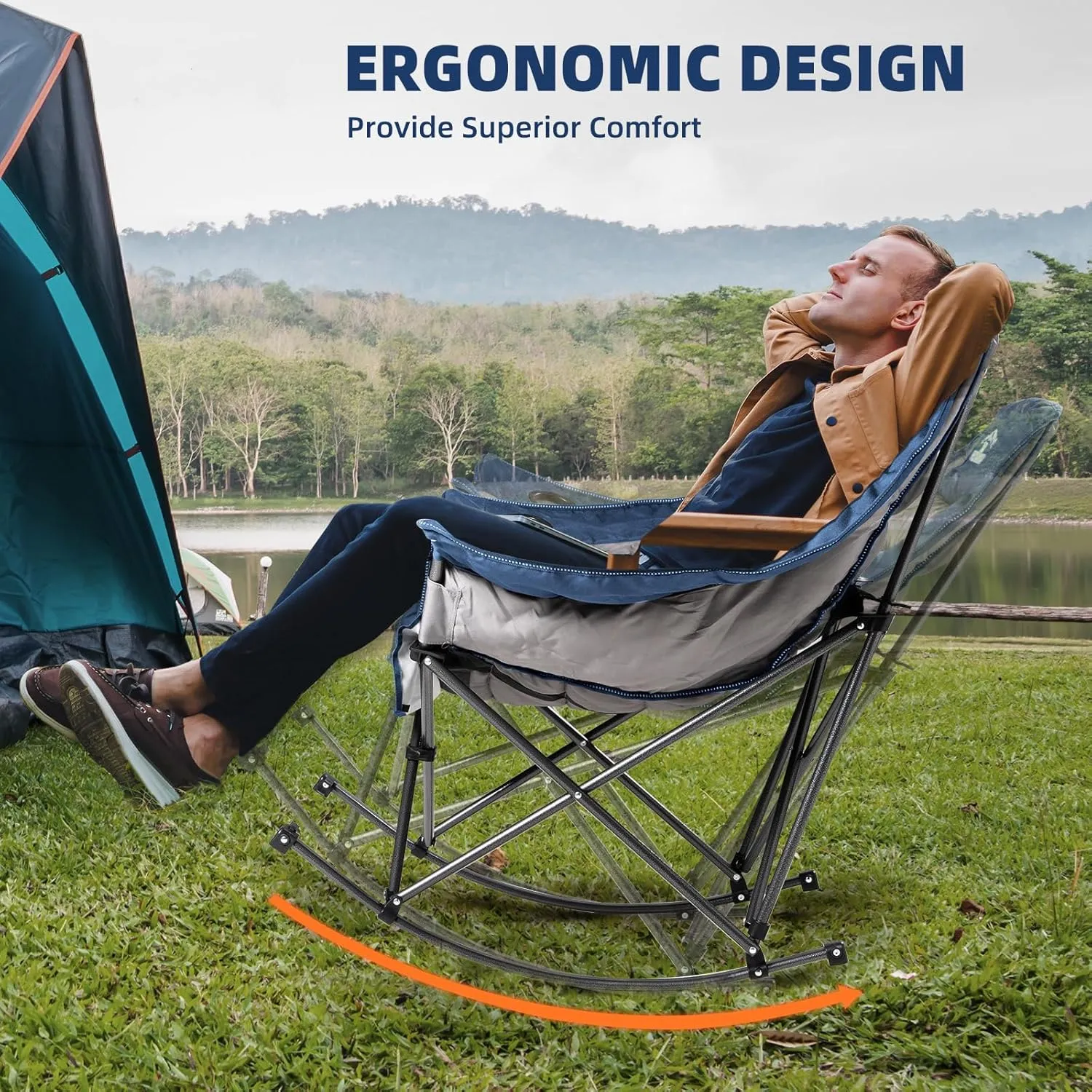 Oversized Rocking Camping Chair for Adults - Heavy-Duty 400lbs Capacity Portable Folding Camp Chair with Side Pocket, Fully Padded Outdoor Rocking Chair for Camping (Light Blue & Gray)