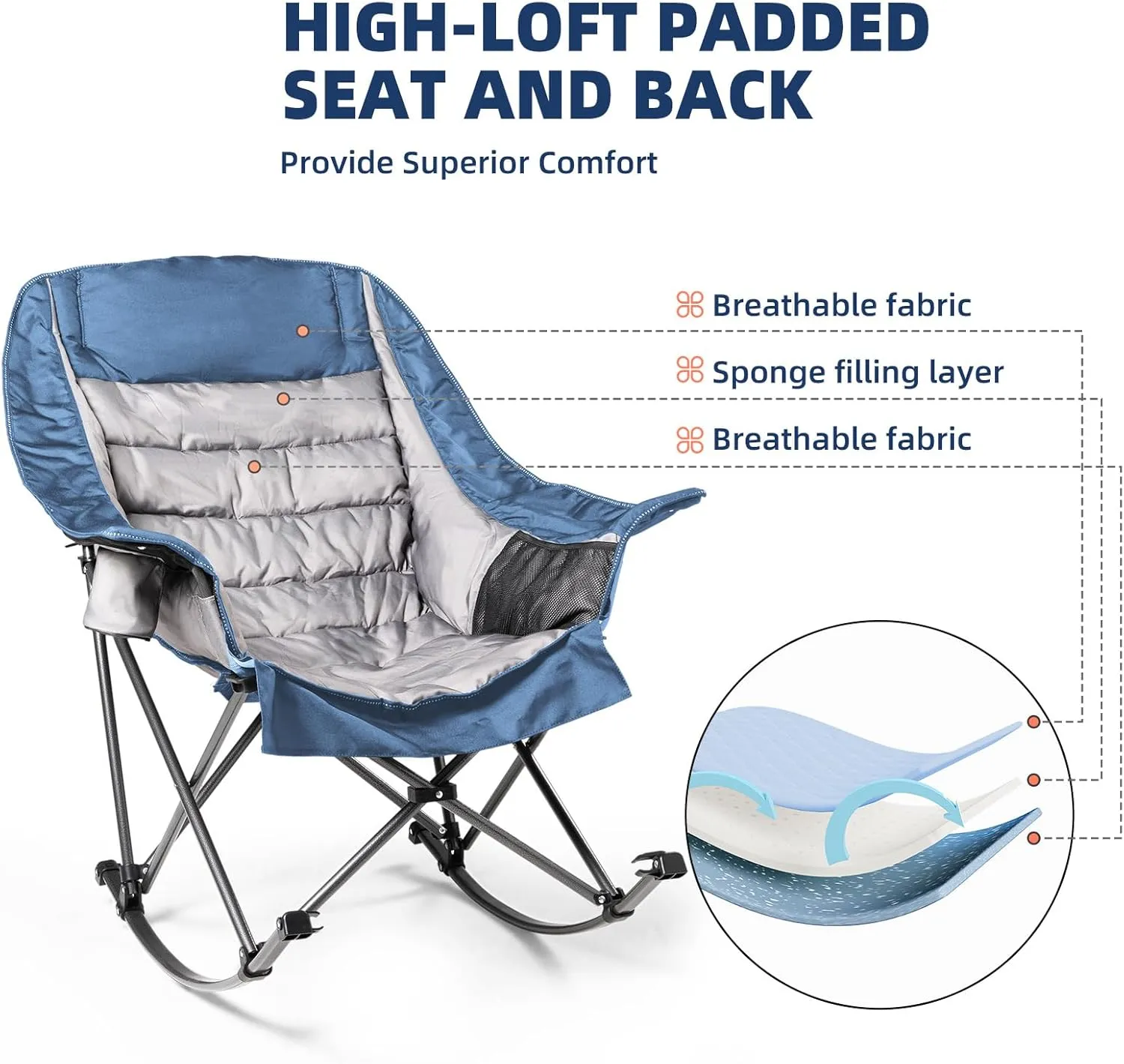 Oversized Rocking Camping Chair for Adults - Heavy-Duty 400lbs Capacity Portable Folding Camp Chair with Side Pocket, Fully Padded Outdoor Rocking Chair for Camping (Light Blue & Gray)