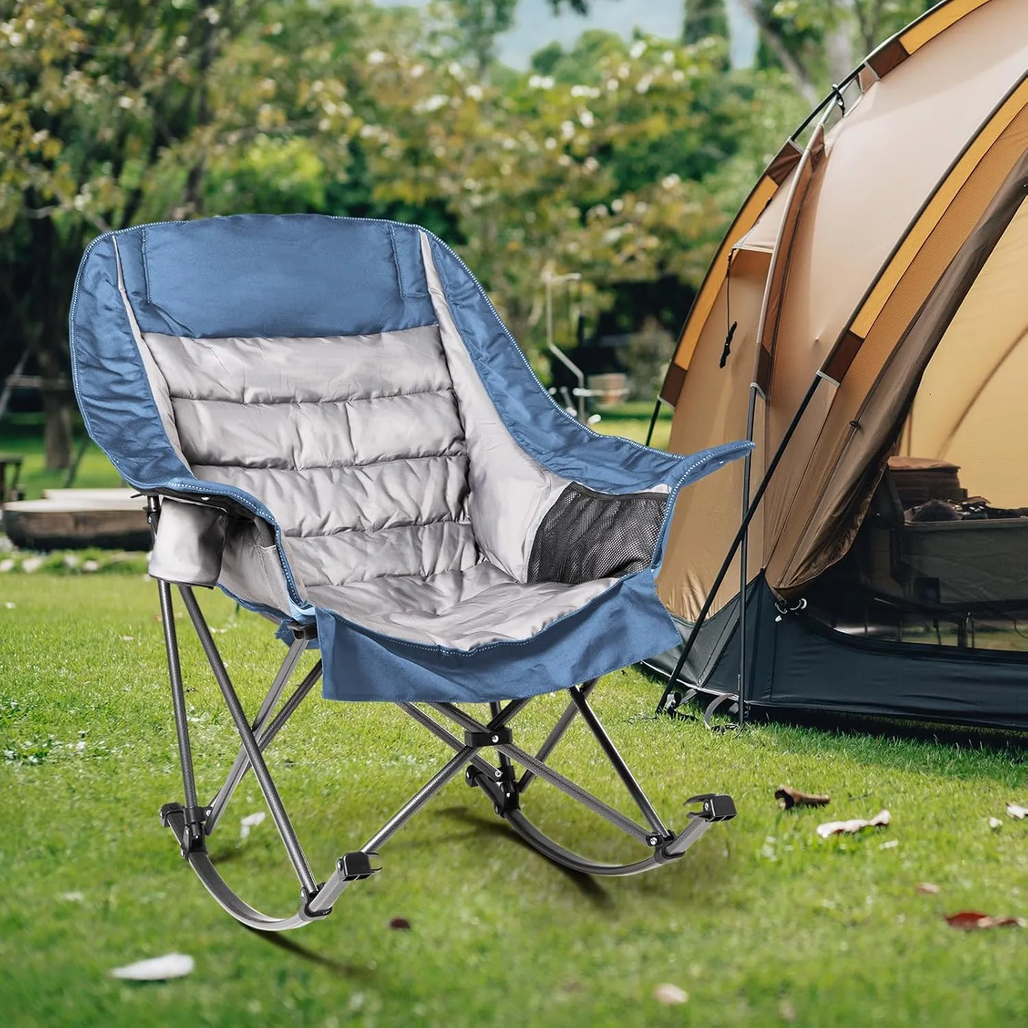 Oversized Rocking Camping Chair for Adults - Heavy-Duty 400lbs Capacity Portable Folding Camp Chair with Side Pocket, Fully Padded Outdoor Rocking Chair for Camping (Light Blue & Gray)