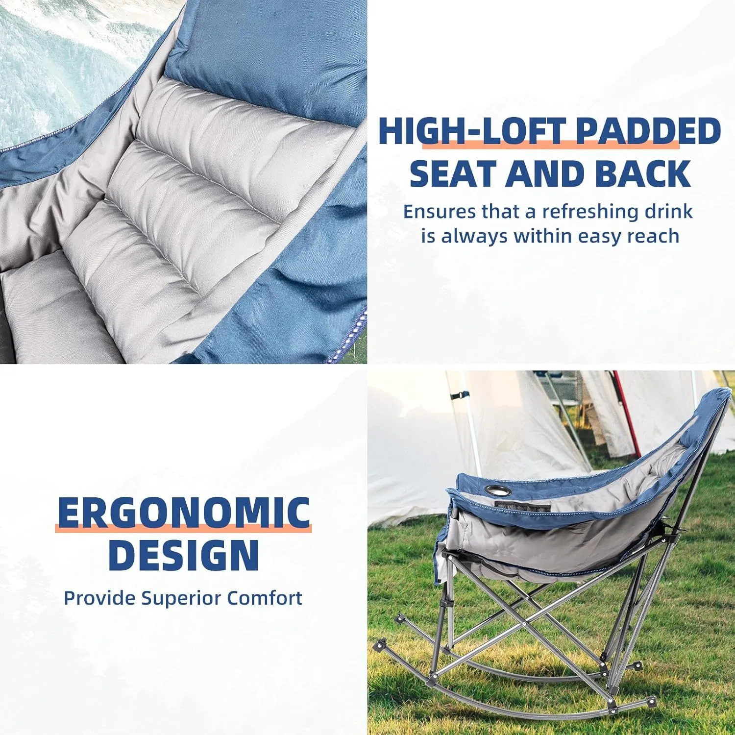 Oversized Rocking Camping Chair for Adults - Heavy-Duty 400lbs Capacity Portable Folding Camp Chair with Side Pocket, Fully Padded Outdoor Rocking Chair for Camping (Light Blue & Gray)