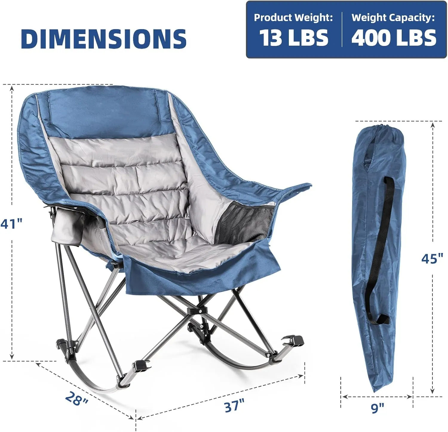 Oversized Rocking Camping Chair for Adults - Heavy-Duty 400lbs Capacity Portable Folding Camp Chair with Side Pocket, Fully Padded Outdoor Rocking Chair for Camping (Light Blue & Gray)