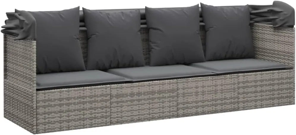 Patio Lounge Bed with Roof and Cushions Gray Poly Rattantanning Chair Recliner Camping Chairs Patio Suitable for Garden Courtyard