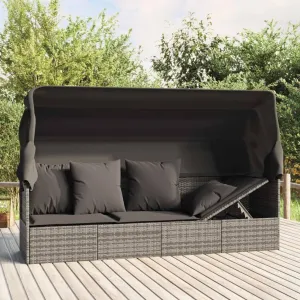 Patio Lounge Bed with Roof and Cushions Gray Poly Rattantanning Chair Recliner Camping Chairs Patio Suitable for Garden Courtyard