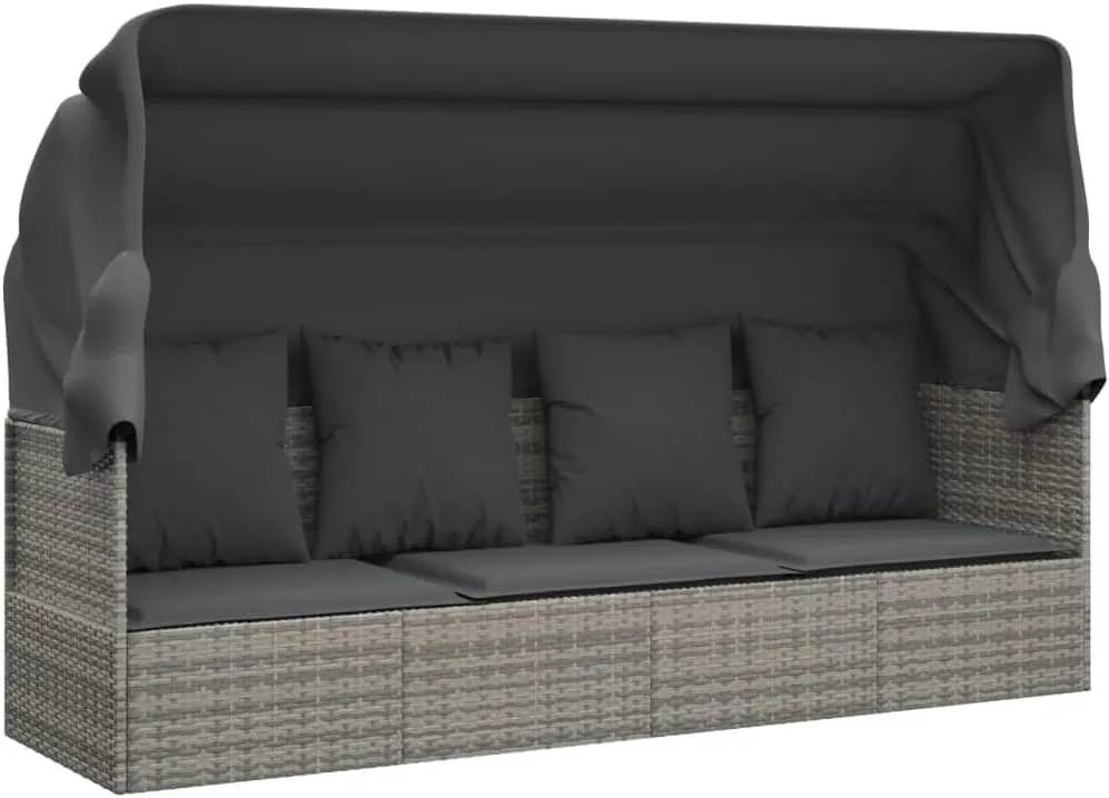 Patio Lounge Bed with Roof and Cushions Gray Poly Rattantanning Chair Recliner Camping Chairs Patio Suitable for Garden Courtyard