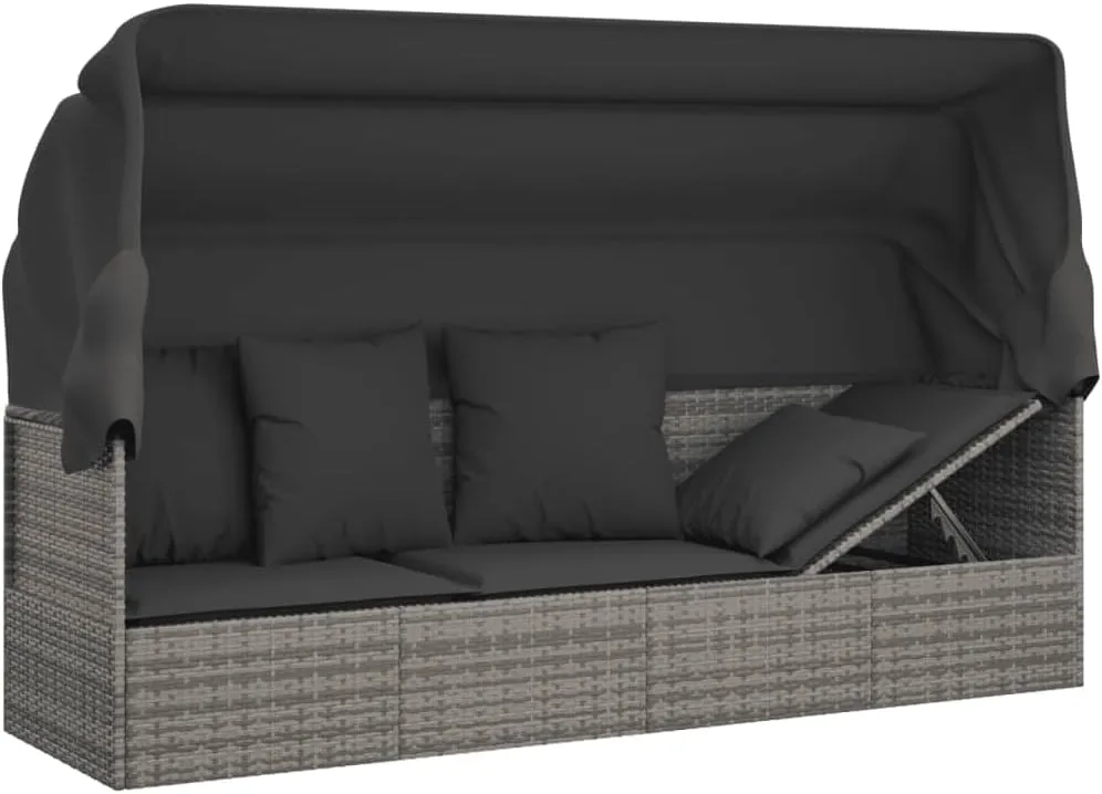 Patio Lounge Bed with Roof and Cushions Gray Poly Rattantanning Chair Recliner Camping Chairs Patio Suitable for Garden Courtyard