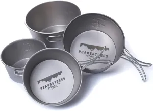 PEAKS&TREES 250ml - 600ml Titanium Bowl with Foldable Handle Ultralight Cockware Outdoor Backpacking Camping Hiking 【made in Japan】 (250ml-600ml 4pcs set)