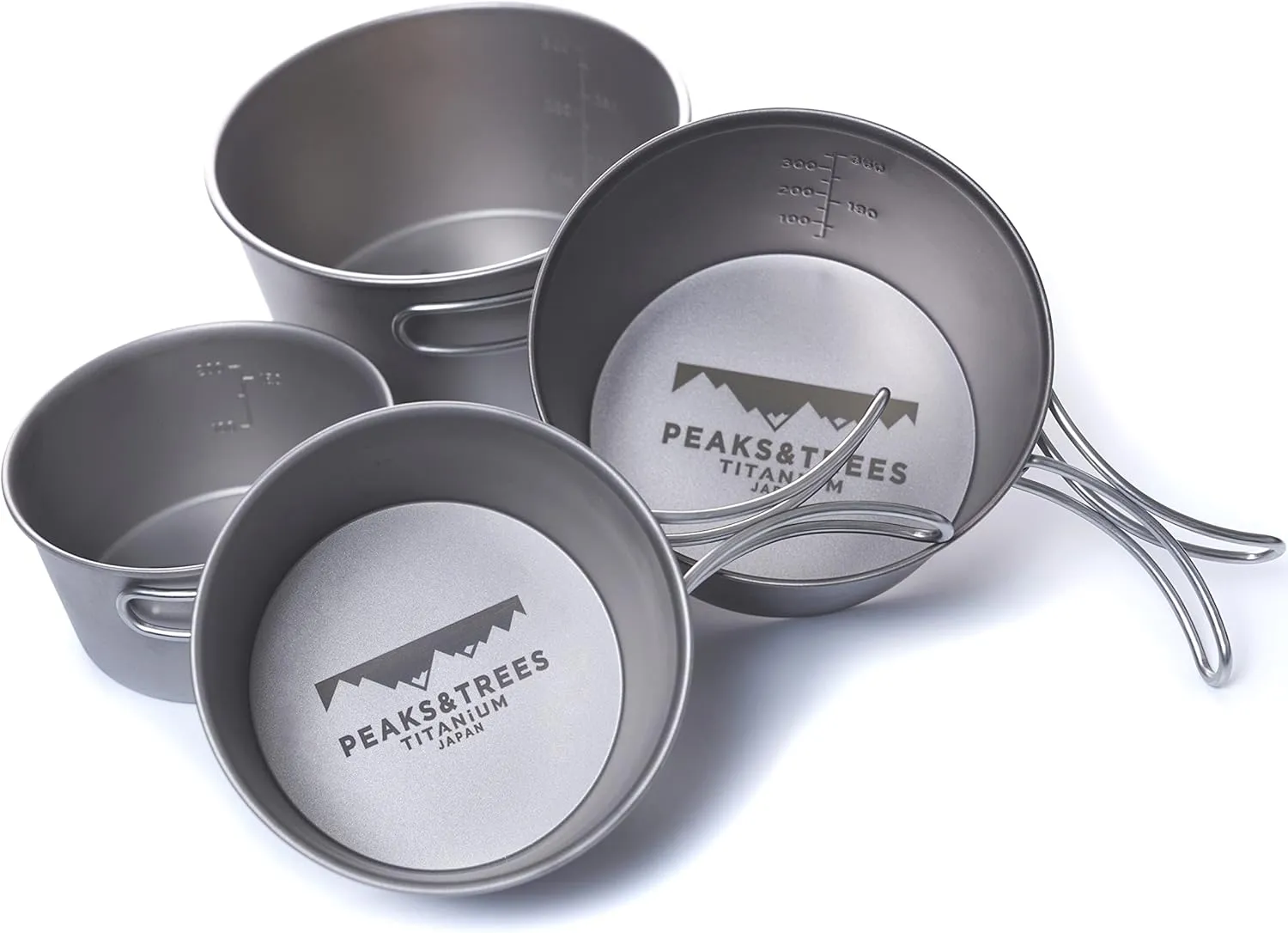 PEAKS&TREES 250ml - 600ml Titanium Bowl with Foldable Handle Ultralight Cockware Outdoor Backpacking Camping Hiking 【made in Japan】 (250ml-600ml 4pcs set)