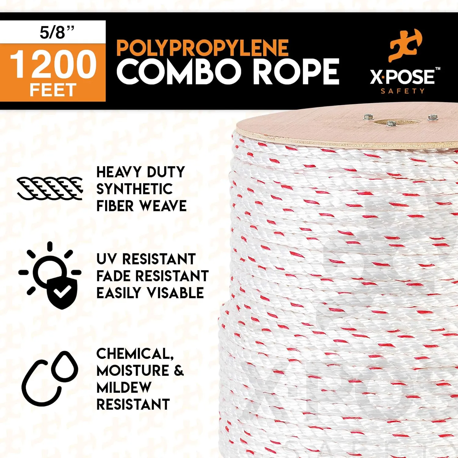 Poly Combo 3 Strand Safety Rope - 5/8" x 1200' - UV Coated Polypropylene Rope - by Xpose Safety