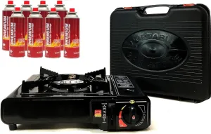 Portable Butane Gas Stove & 8 pack Butane Canister Complete Set With Carrying Case - Stainless Steel Body Electronic Ignition for Outdoor Camping Tailgating Backyard