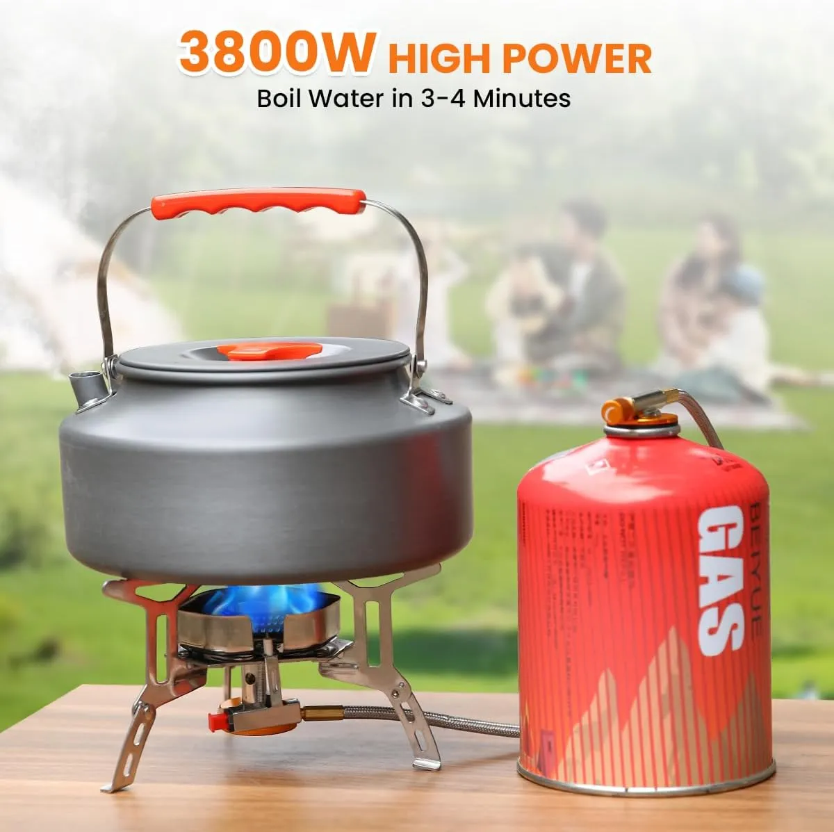 Portable Camping Stove with Propane Adapter - GEEKHOM 3800W Windproof Gas Stove Foldable Backpacking Stove, Piezo Ignition & Stable Pot Support for Outdoor Cooking Hiking