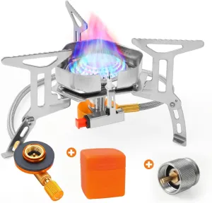 Portable Camping Stove with Propane Adapter - GEEKHOM 3800W Windproof Gas Stove Foldable Backpacking Stove, Piezo Ignition & Stable Pot Support for Outdoor Cooking Hiking