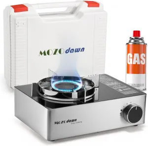 Portable Gas Stove with Case, 12000 BTU Butane Stove with Wind Guard, Single Burner Camp Stove for Home Kitchen, Camping, Picnics, Hiking (Silver)