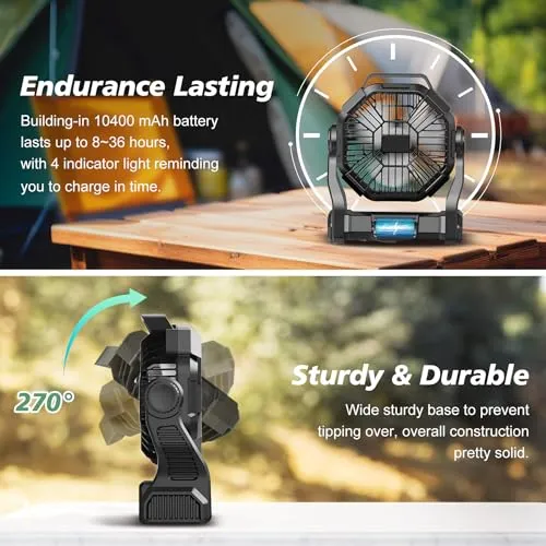Portable Rechargeable Camping Fan for Tent,10400mAh Battery Operated Outdoor Fan