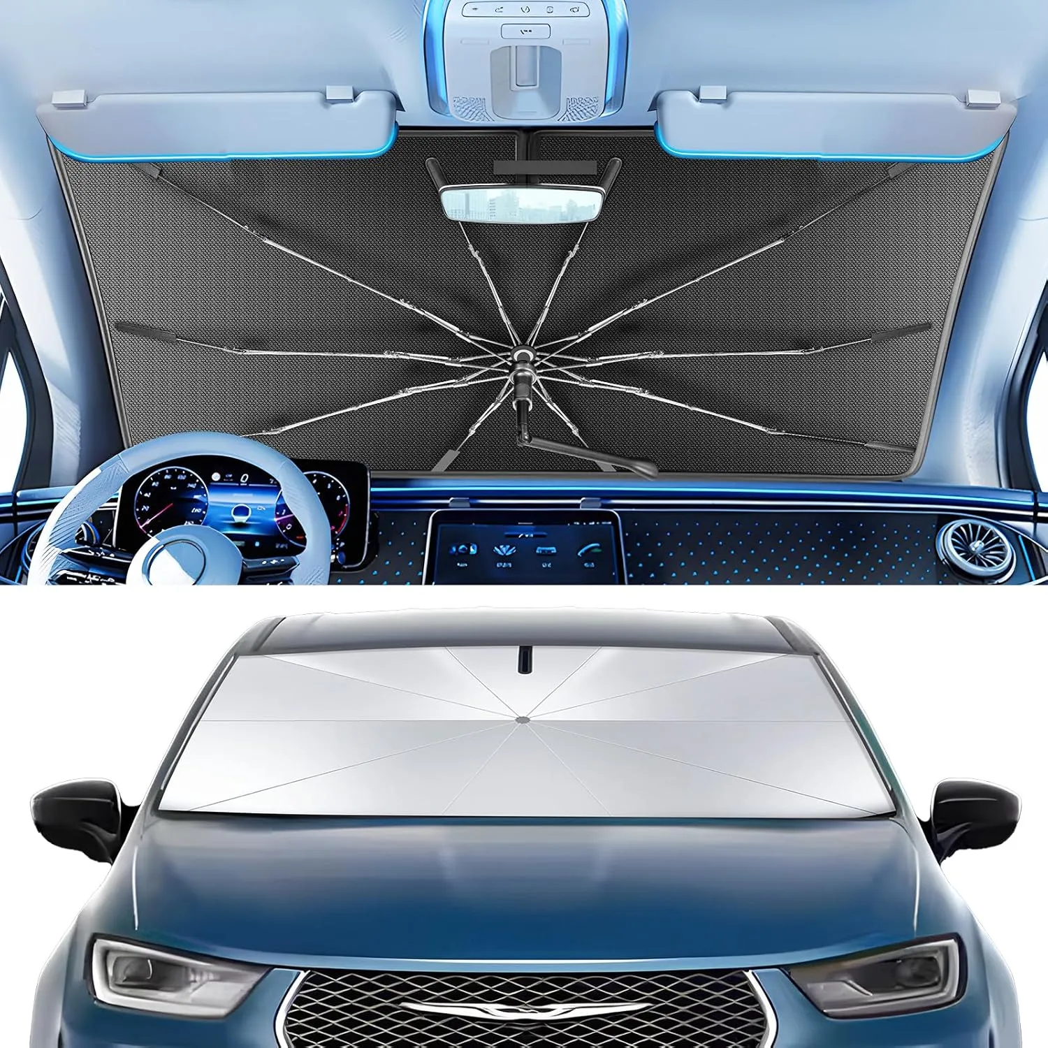 Portable Windshield Sunshade Umbrella Custom Fit for Chrysler Pacifica Minivan 2017-2025, 2 in1 Ice Crystal Durable Compact Shade Umbrella UPF50  UV Front Window Heat Insulation Protection