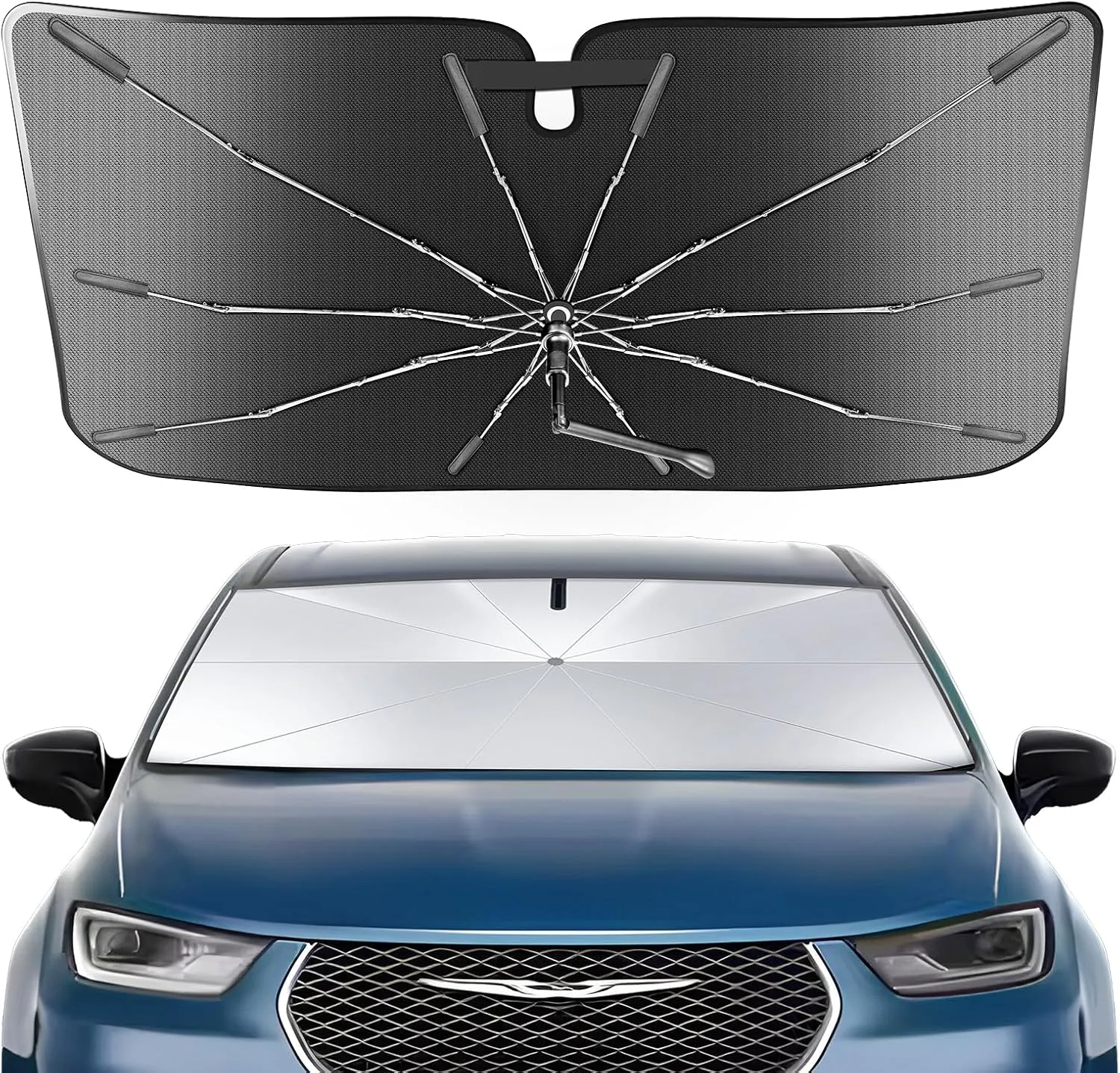 Portable Windshield Sunshade Umbrella Custom Fit for Chrysler Pacifica Minivan 2017-2025, 2 in1 Ice Crystal Durable Compact Shade Umbrella UPF50  UV Front Window Heat Insulation Protection