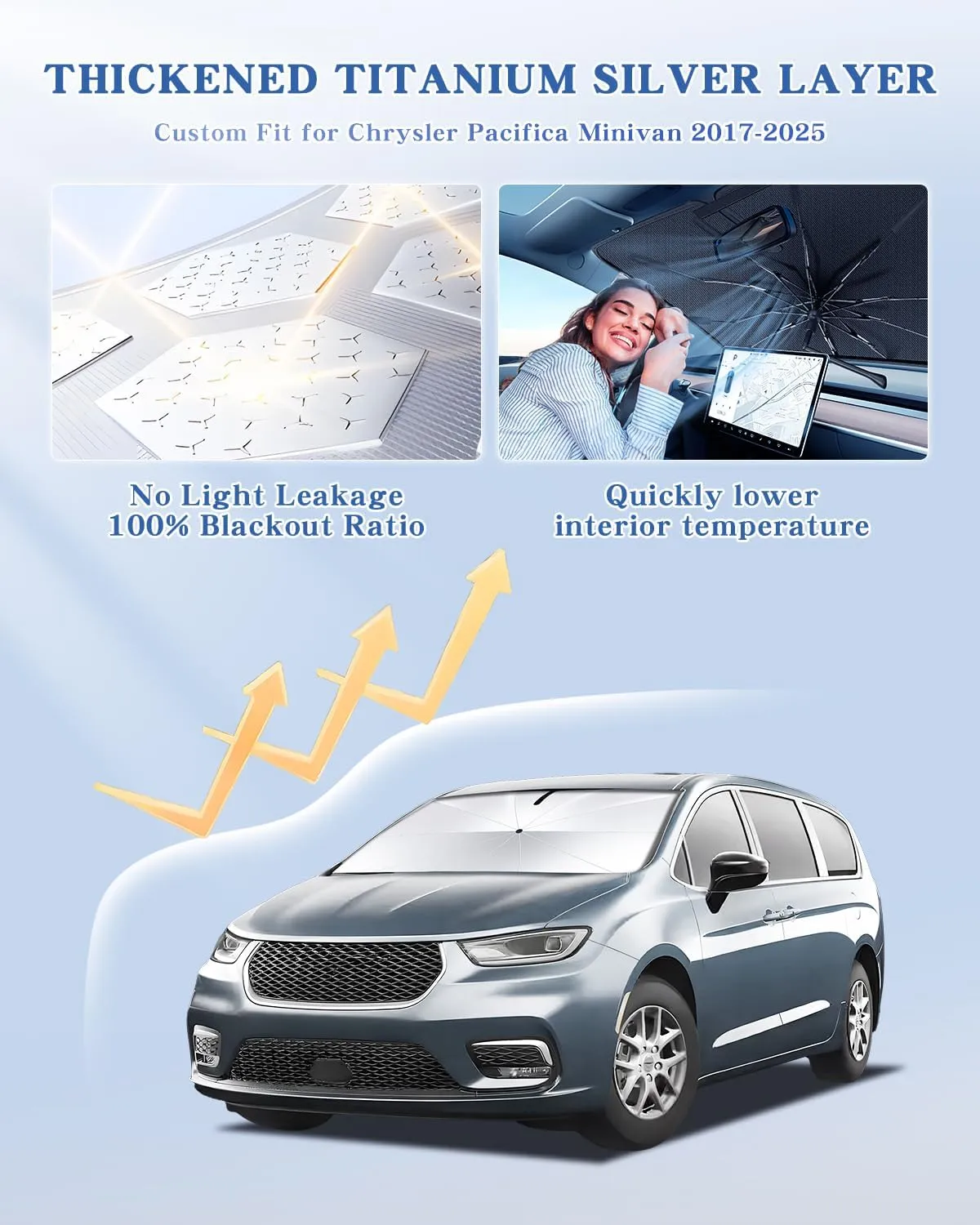 Portable Windshield Sunshade Umbrella Custom Fit for Chrysler Pacifica Minivan 2017-2025, 2 in1 Ice Crystal Durable Compact Shade Umbrella UPF50  UV Front Window Heat Insulation Protection